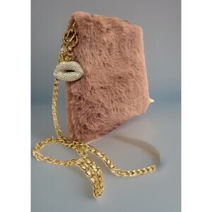 Pink Faux Fur Crossbody Purse with Gold Chain & Rhinestone Lips Charm Y2K